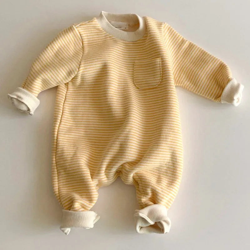 Striped cotton baby jumpsuit with long sleeves and hidden buttons for infant winter wear