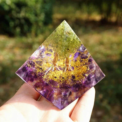 Premium Tiger's Eye Orgonite Pyramid with Amethyst, Calming Meditation Accessory for Balancing Energy and Purifying Space