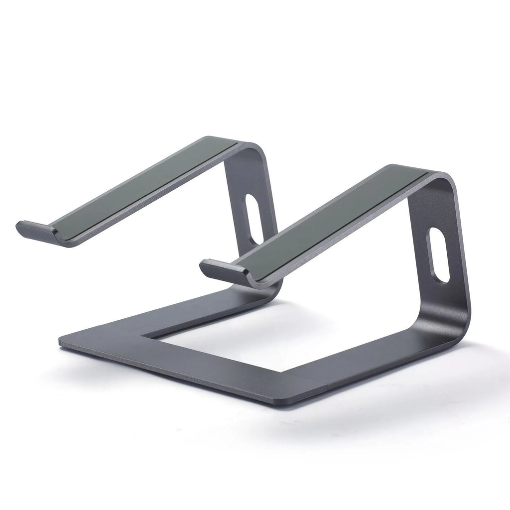 Aluminium alloy notebook cooling bracket in black on a desk with a laptop placed on it