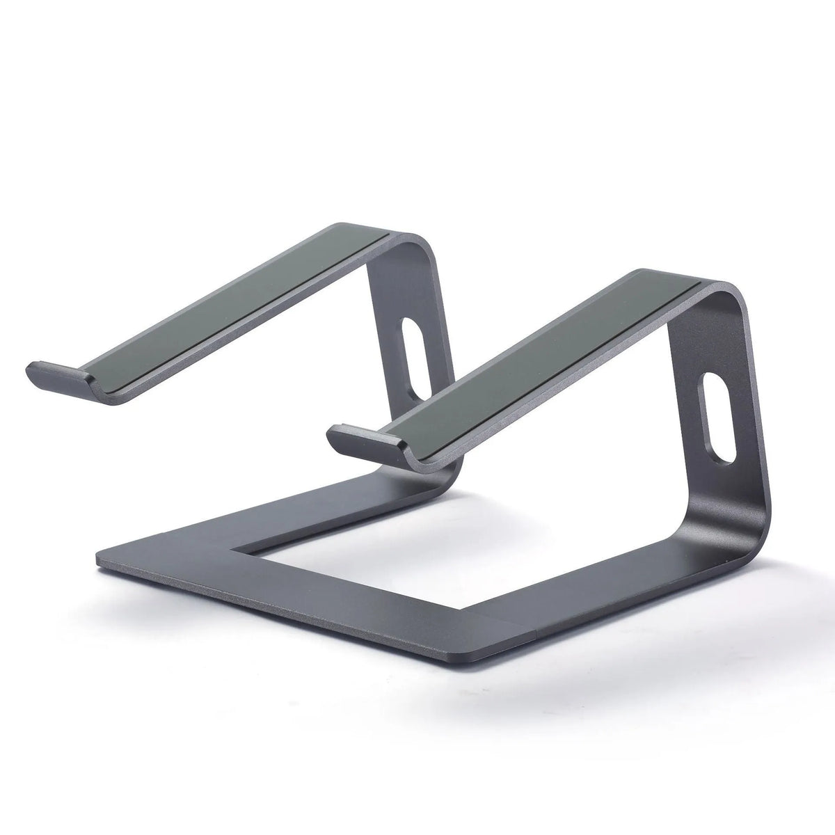 Aluminium alloy notebook cooling bracket in black on a desk with a laptop placed on it