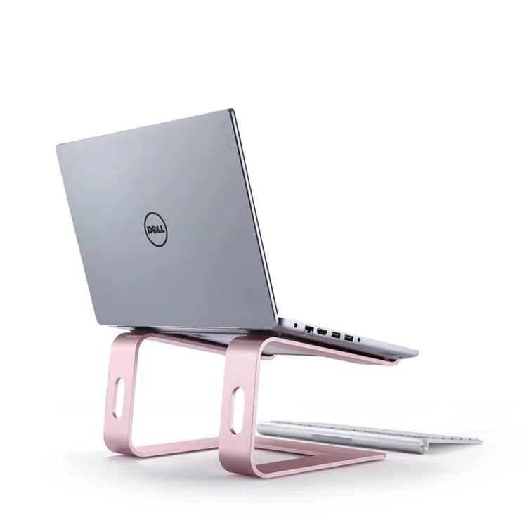 Aluminium alloy notebook cooling bracket in black on a desk with a laptop placed on it
