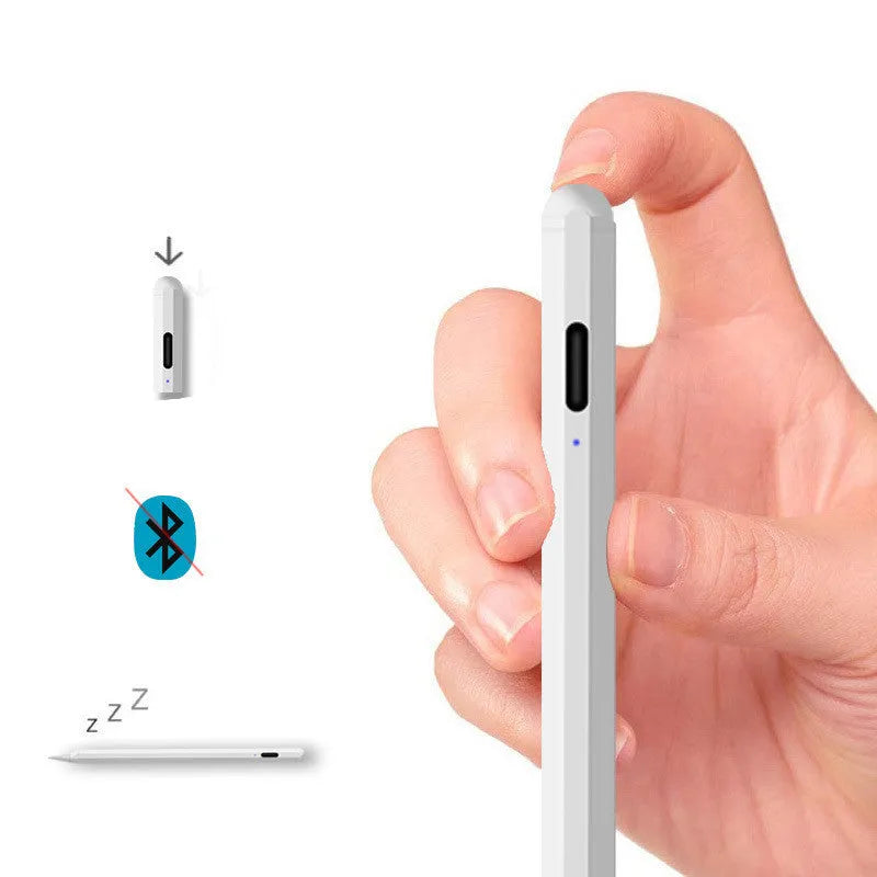 White magnetic stylus pen attached to the side of an iPad.