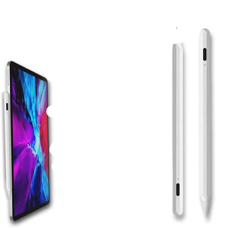 White magnetic stylus pen attached to the side of an iPad.