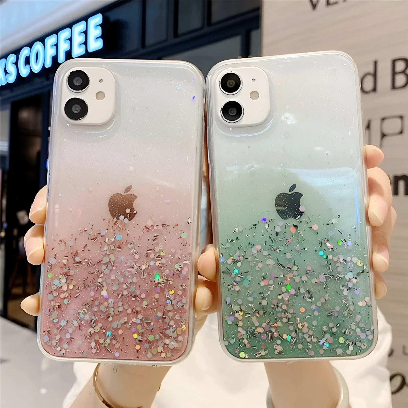 Glitter paper handmade epoxy phone case for iPhone models showing colour options