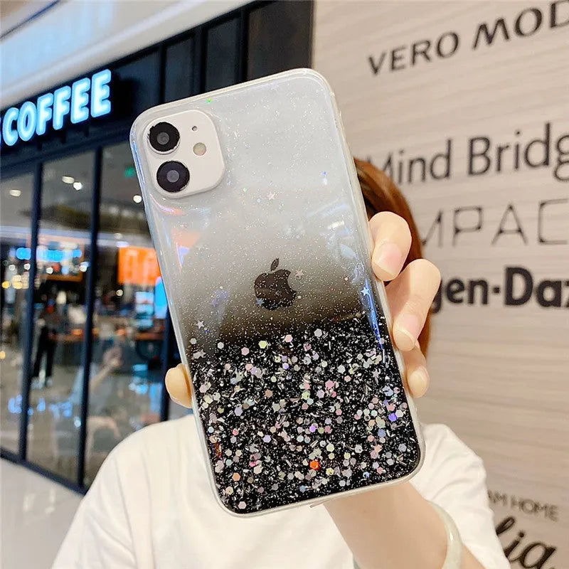 Glitter paper handmade epoxy phone case for iPhone models showing colour options