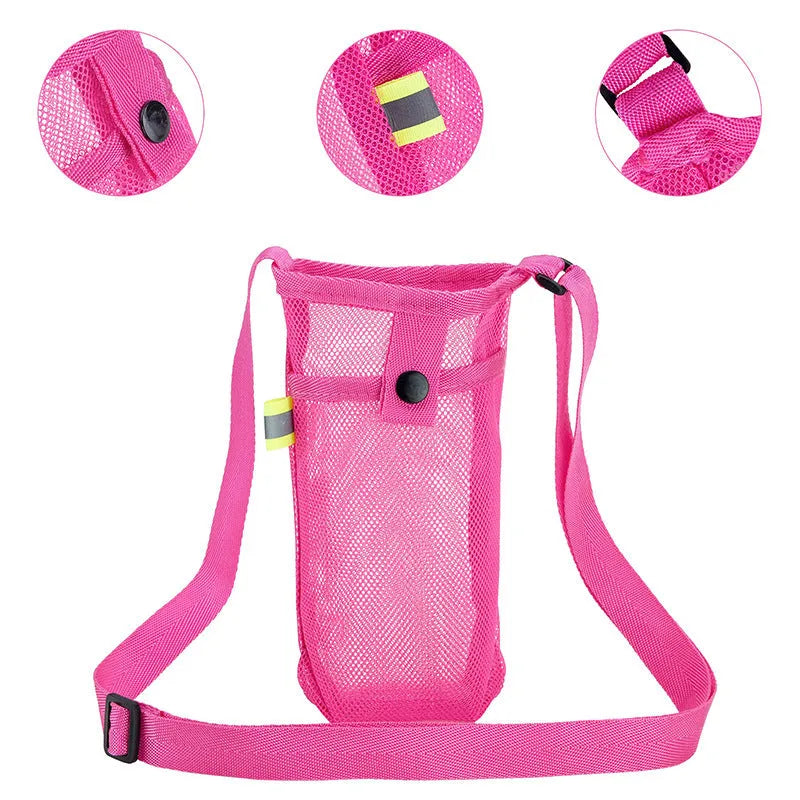 Nylon water bottle holder in black with adjustable shoulder strap on a beach setting
