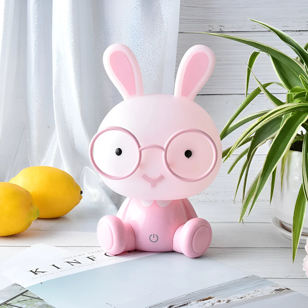 USB-powered cartoon rabbit night light with glasses details in blue, green, or pink colour options