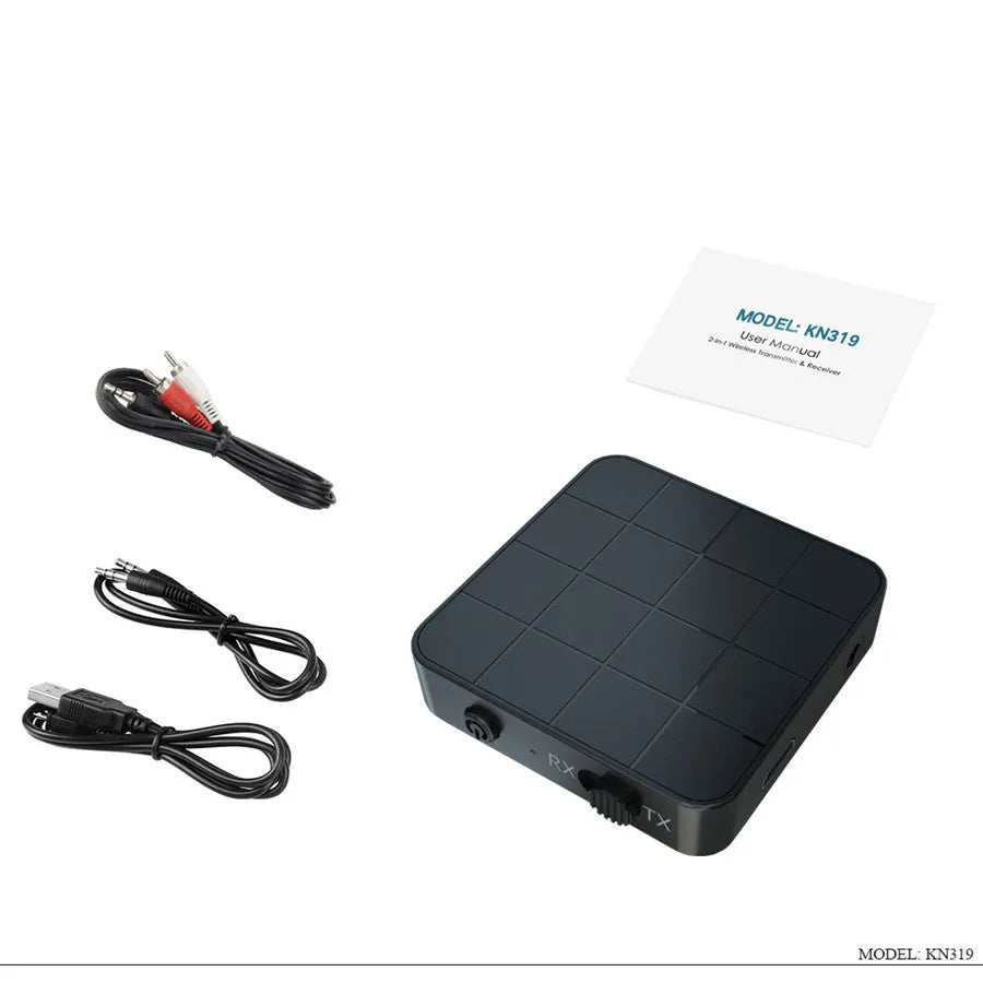 Black 2-in-1 Bluetooth 5.0 audio transmitter receiver adapter, 44 × 44 × 12mm, with 3.5mm and RCA cables