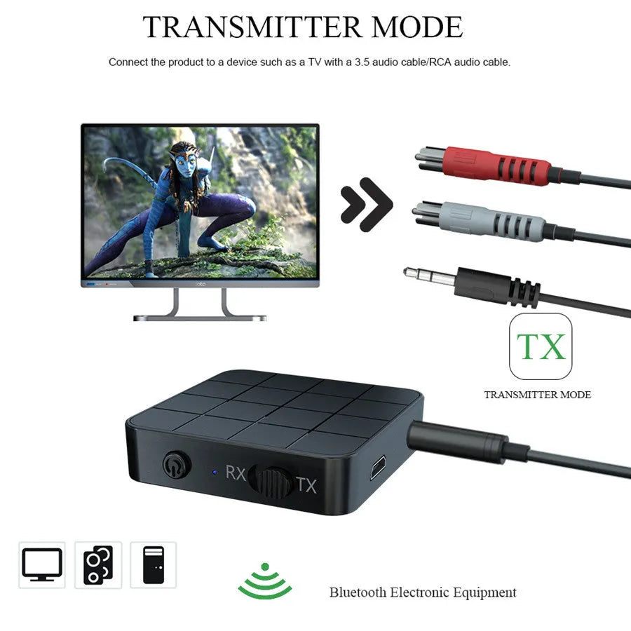 Black 2-in-1 Bluetooth 5.0 audio transmitter receiver adapter, 44 × 44 × 12mm, with 3.5mm and RCA cables