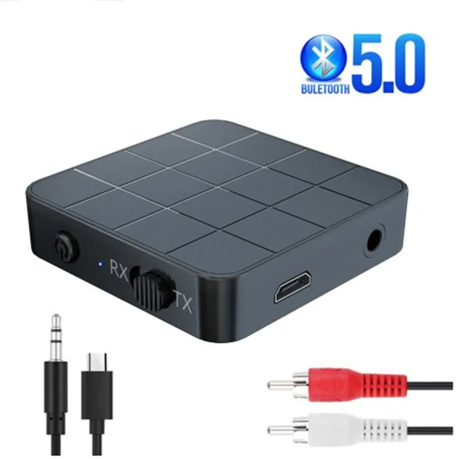 Black 2-in-1 Bluetooth 5.0 audio transmitter receiver adapter, 44 × 44 × 12mm, with 3.5mm and RCA cables