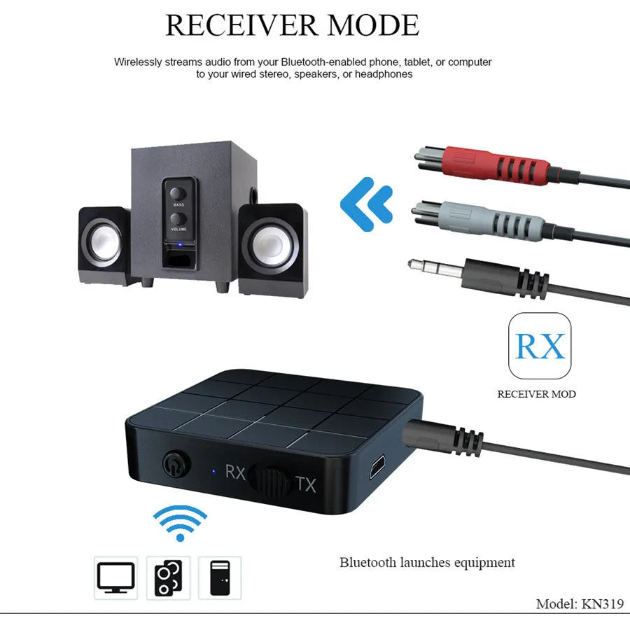 Black 2-in-1 Bluetooth 5.0 audio transmitter receiver adapter, 44 × 44 × 12mm, with 3.5mm and RCA cables