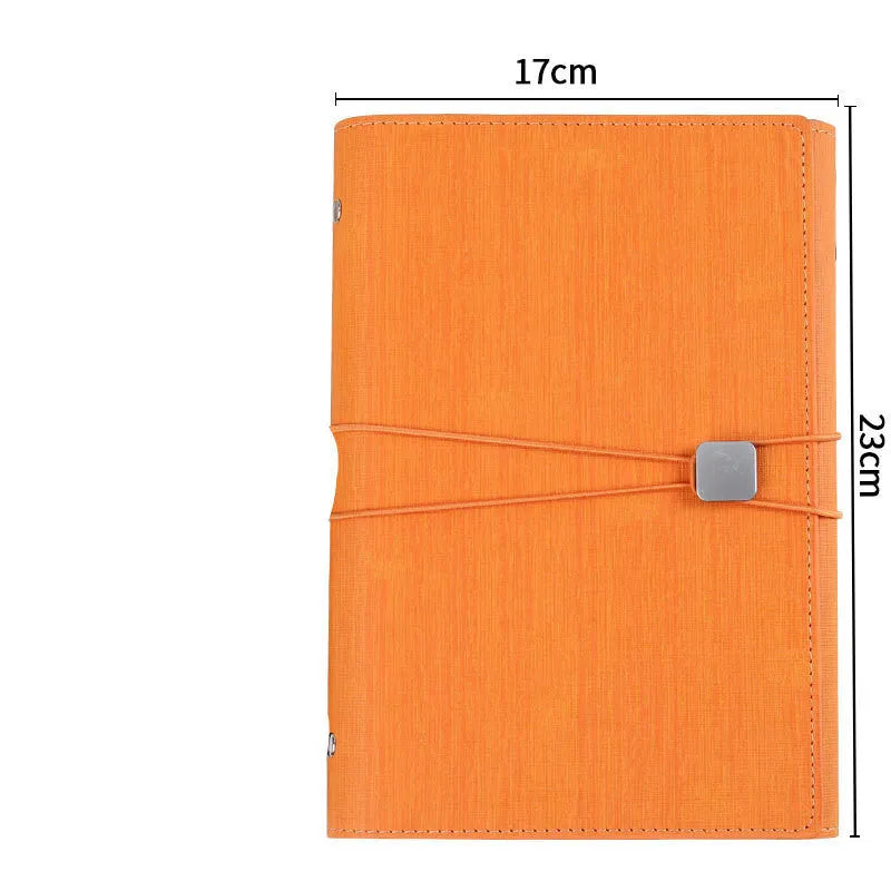 A5 loose-leaf tri-fold notebook with imitation leather cover, beige forest paper 208x142mm, and pocket.