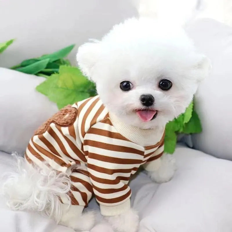 Cute bear striped four-legged dog pyjamas in blue for small to medium pets