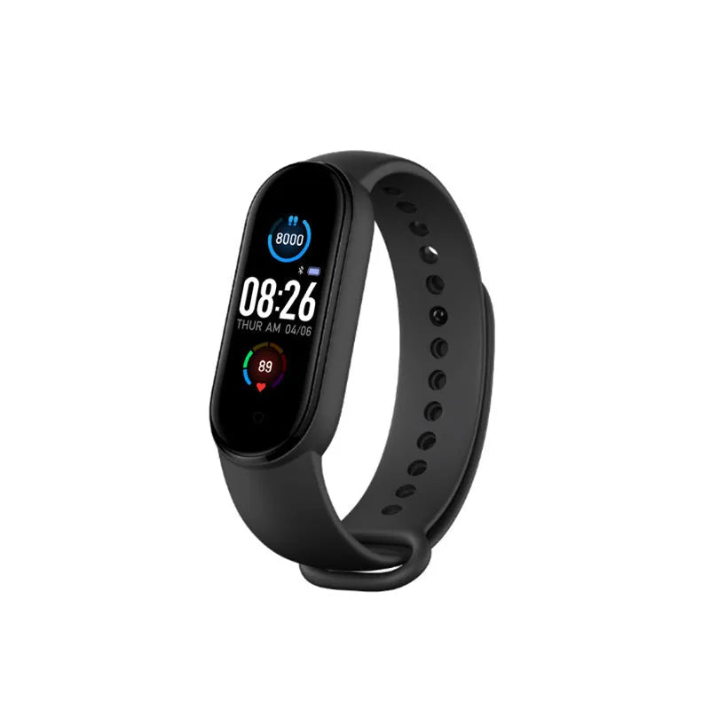 M5 smart sports bracelet in black showing heart rate data on its 0.96-inch screen.