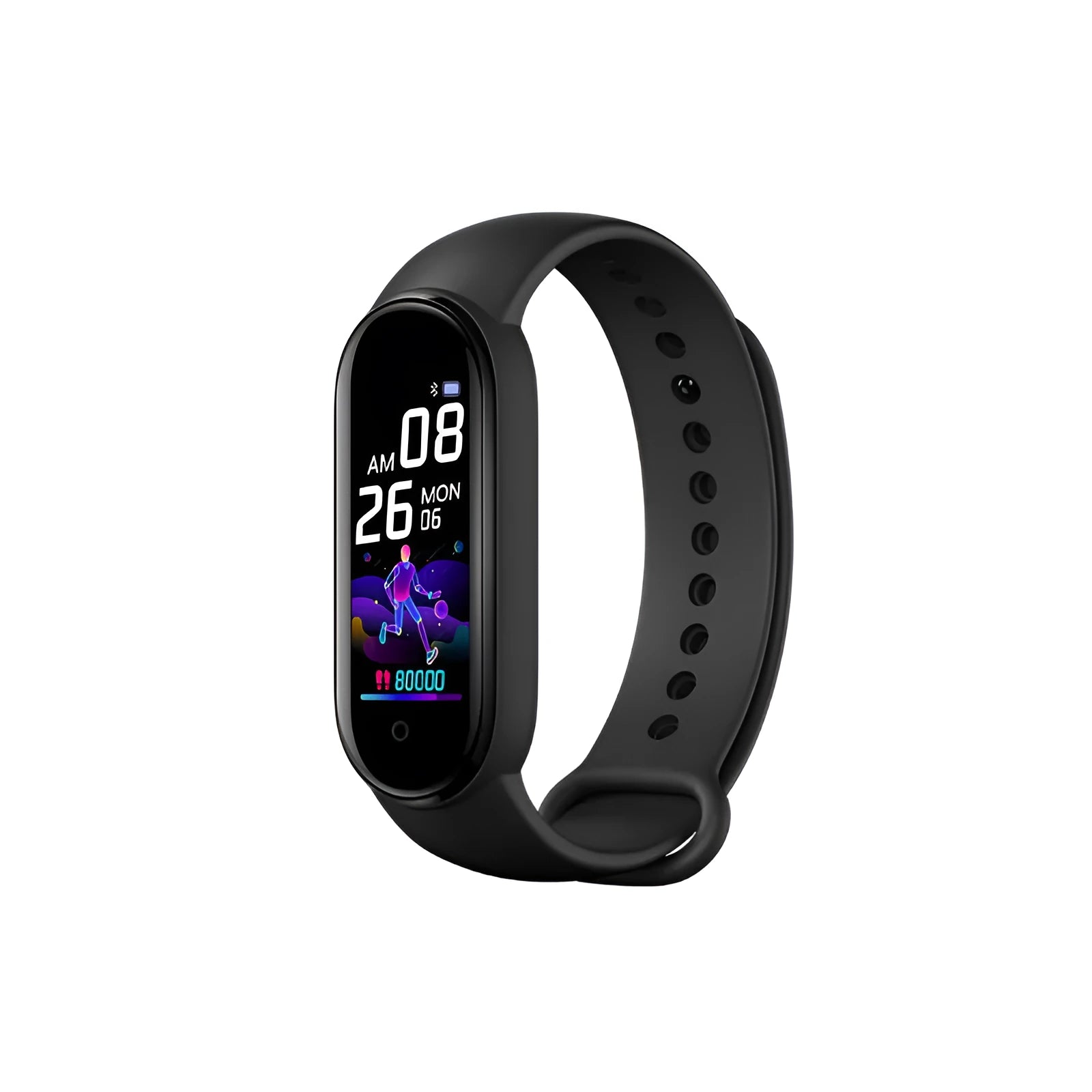 M5 smart sports bracelet in black showing heart rate data on its 0.96-inch screen.