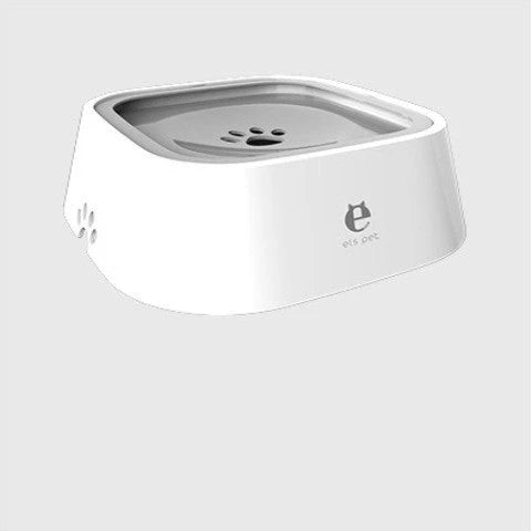 Spill-proof floating pet water bowl with slow feeder design, available in various colors and sizes