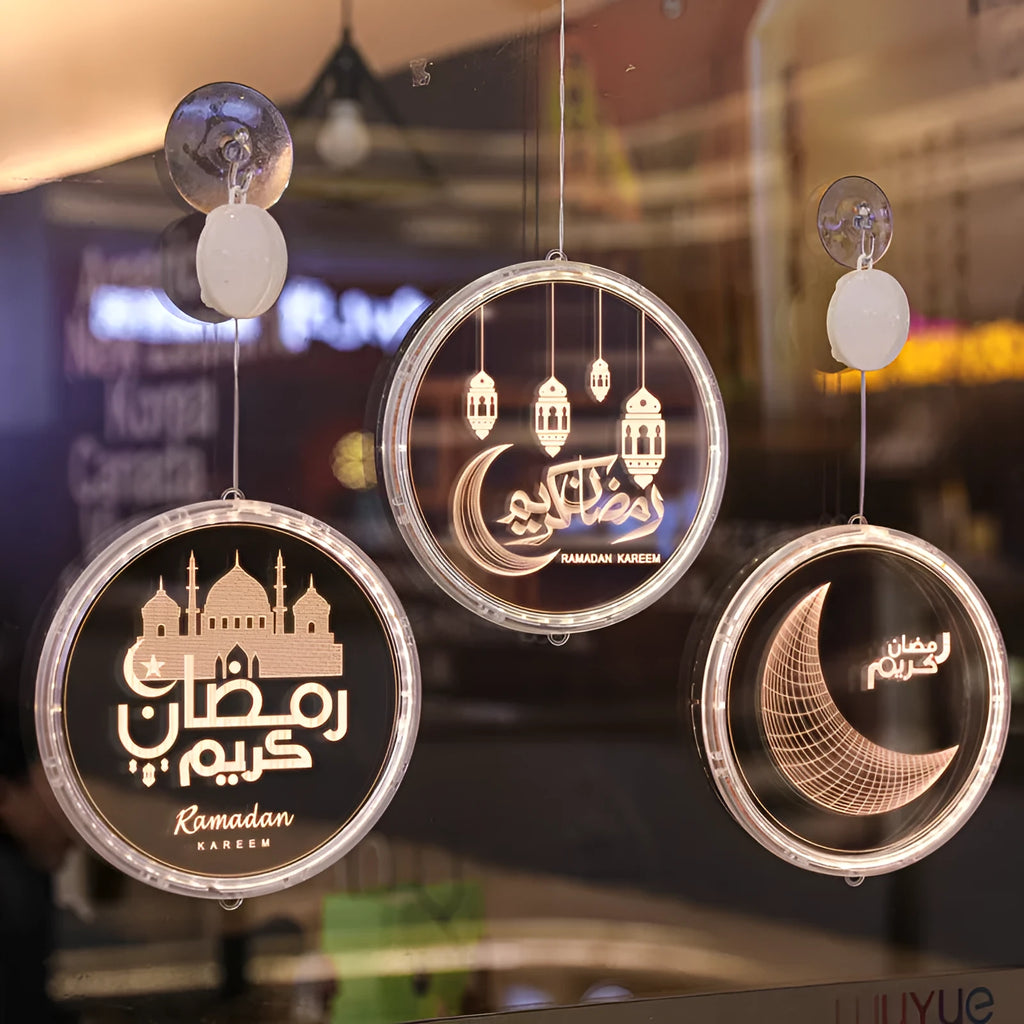 LED Ramadan 3D hanging lamp in warm white acrylic with castle and moon design