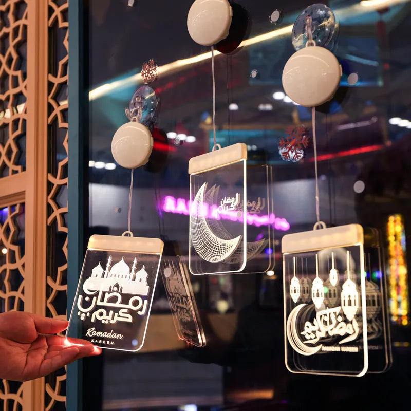 LED Ramadan 3D hanging lamp in warm white acrylic with castle and moon design