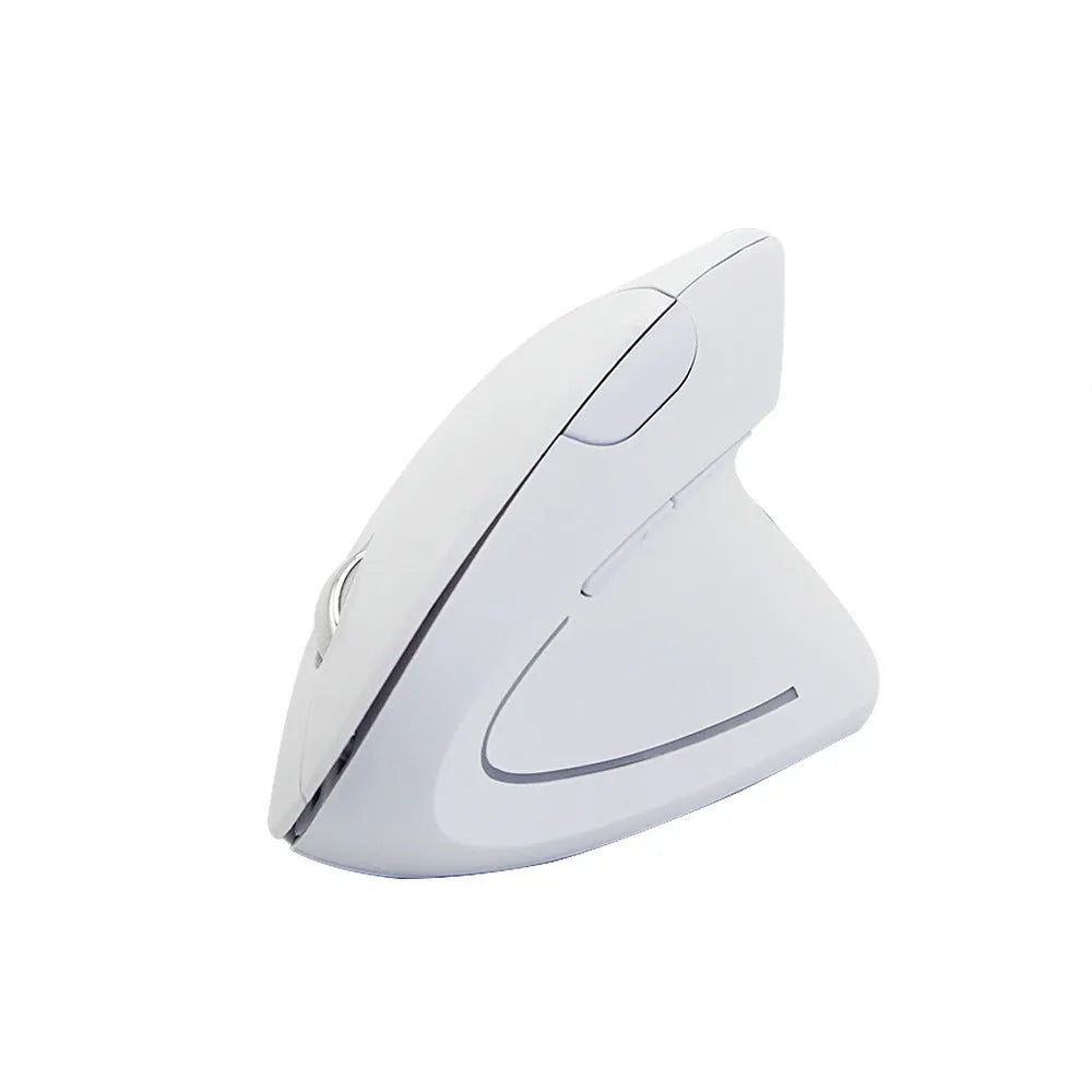 Vertical ergonomic wireless mouse in pink with six buttons and USB receiver