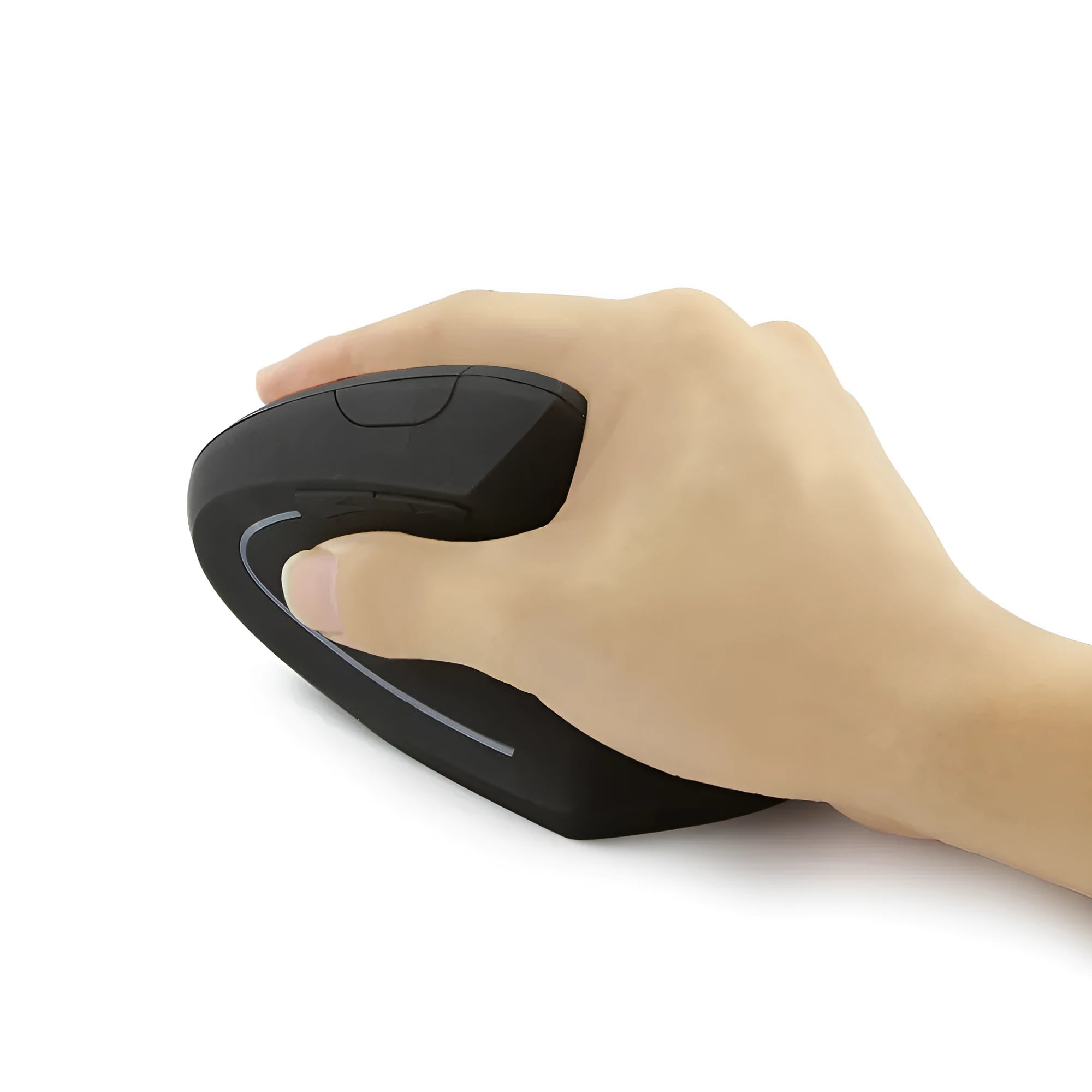 Vertical ergonomic wireless mouse in pink with six buttons and USB receiver