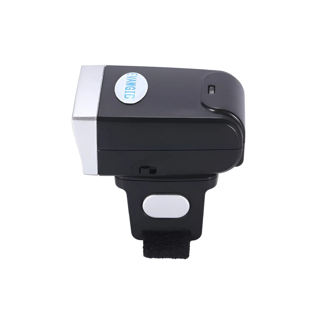 Black portable ring wearable scanner with Bluetooth for QR code scanning on Apple iOS devices