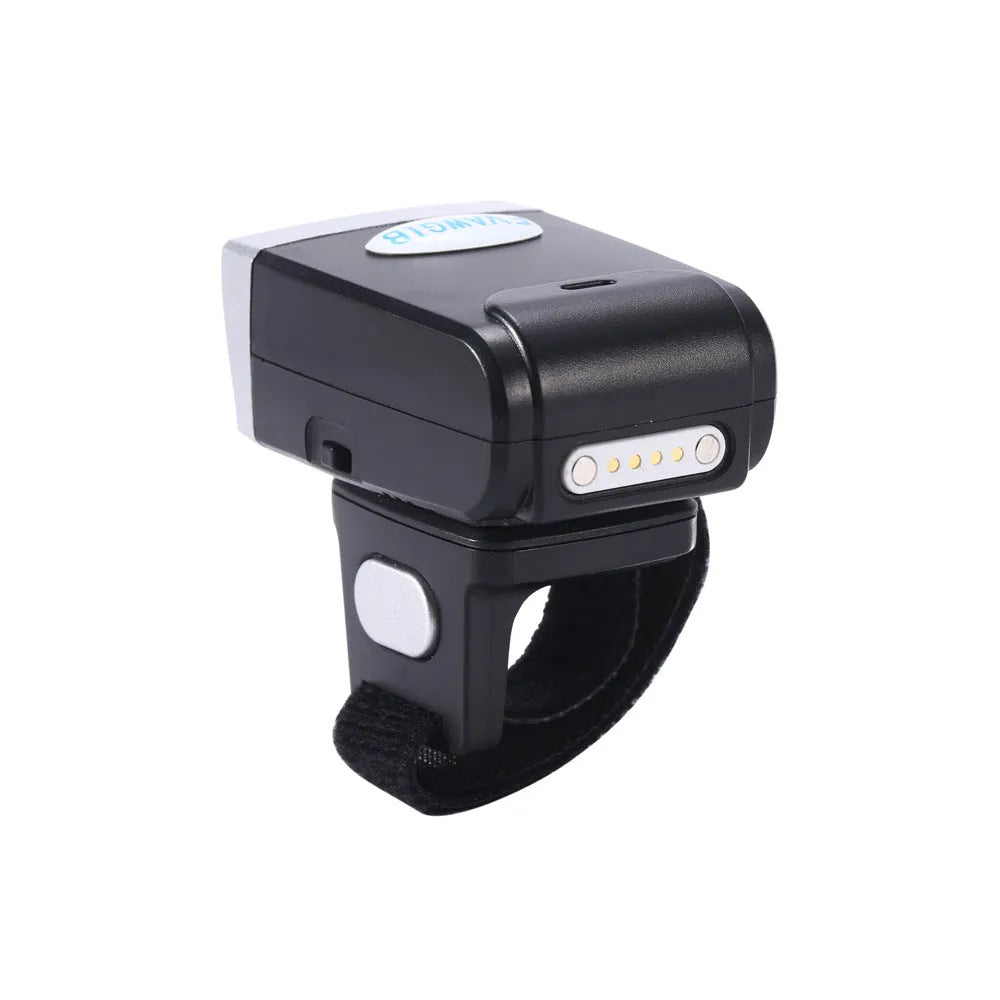 Black portable ring wearable scanner with Bluetooth for QR code scanning on Apple iOS devices