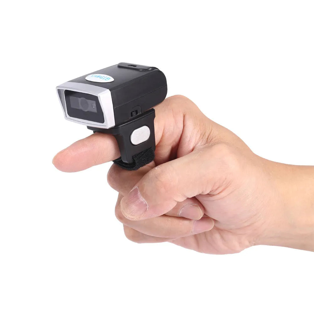 Black portable ring wearable scanner with Bluetooth for QR code scanning on Apple iOS devices