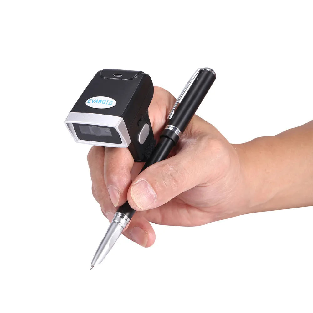 Black portable ring wearable scanner with Bluetooth for QR code scanning on Apple iOS devices