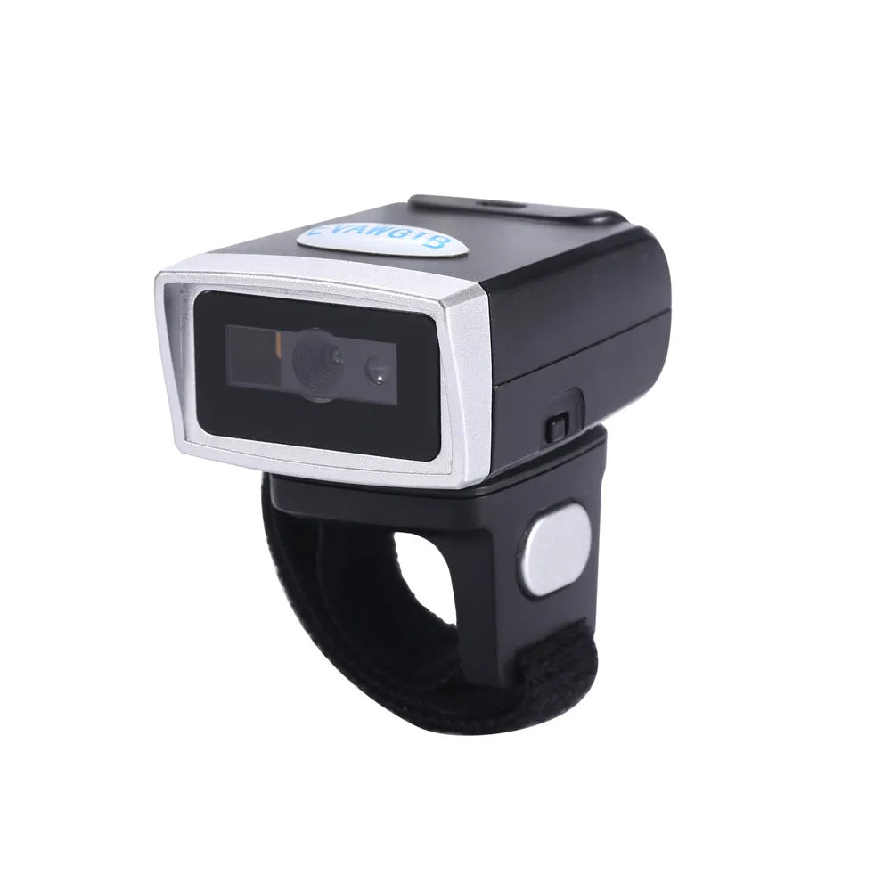 Black portable ring wearable scanner with Bluetooth for QR code scanning on Apple iOS devices