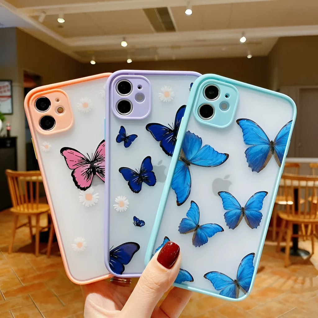 XS SE Butterfly design acrylic mobile phone case with soft edges in light blue colour for iPhone.