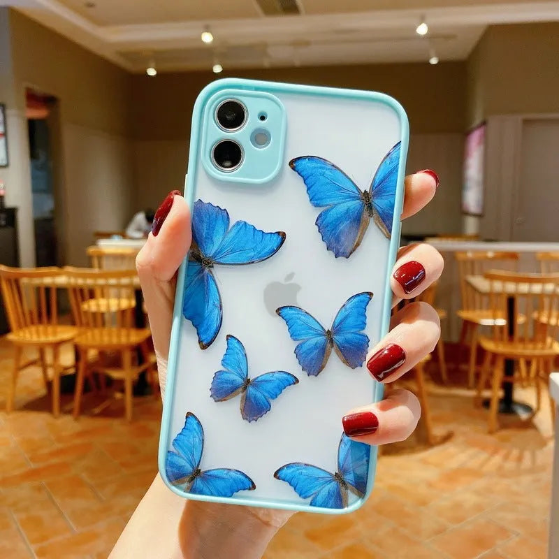 XS SE Butterfly design acrylic mobile phone case with soft edges in light blue colour for iPhone.