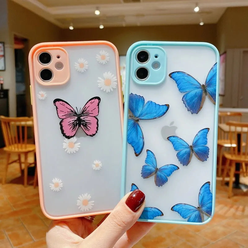 XS SE Butterfly design acrylic mobile phone case with soft edges in light blue colour for iPhone.