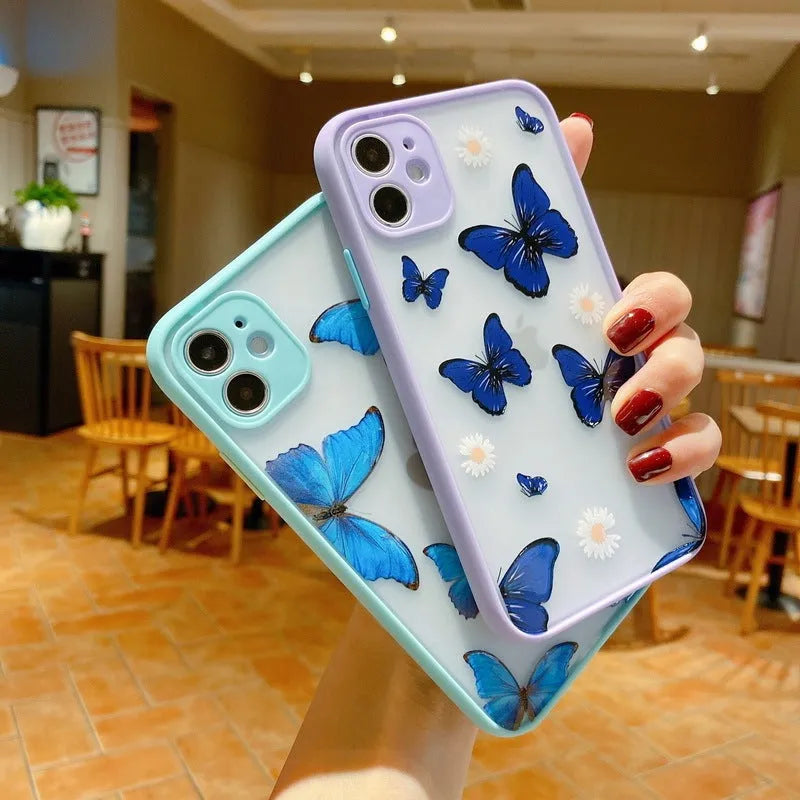XS SE Butterfly design acrylic mobile phone case with soft edges in light blue colour for iPhone.