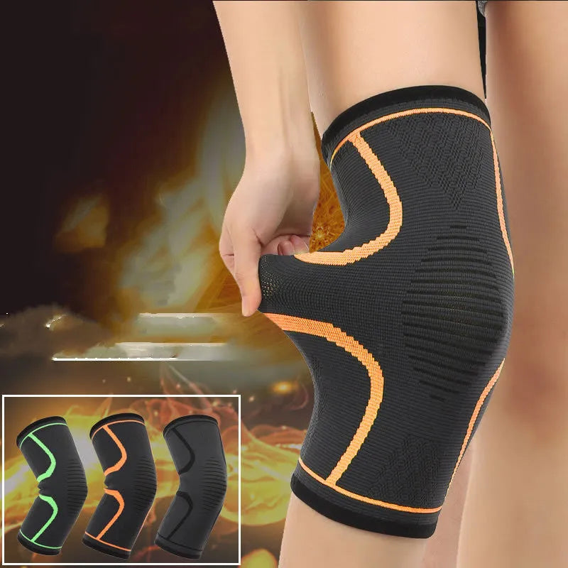 Men's thin sports knee pads in black with orange trim, designed for running and basketball