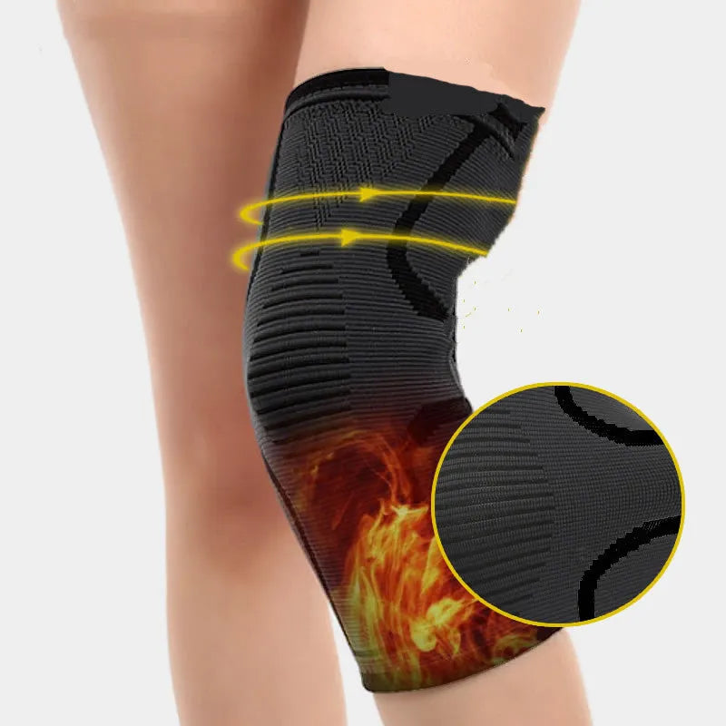 Men's thin sports knee pads in black with orange trim, designed for running and basketball