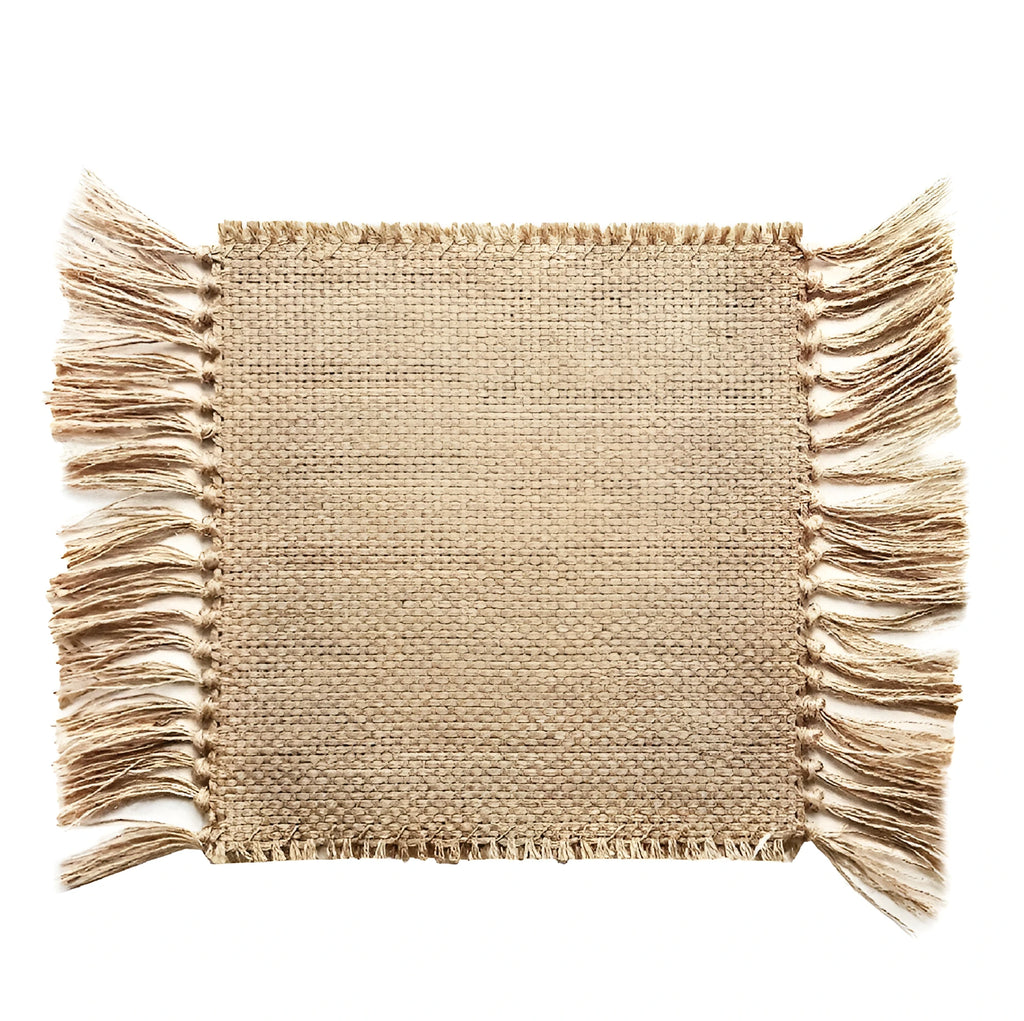 Yellow jute area rug with handmade fringed edges and non-skid backing, available in multiple sizes.