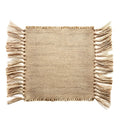 Yellow jute area rug with handmade fringed edges and non-skid backing, available in multiple sizes.