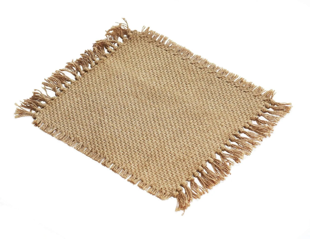 Yellow jute area rug with handmade fringed edges and non-skid backing, available in multiple sizes.