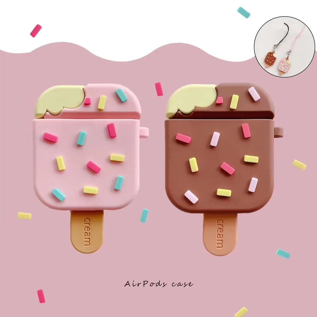 Silicone flip-type AirPods cover with cartoon camouflage pattern, shown in pink or brown for AirPods 1st and 2nd generation
