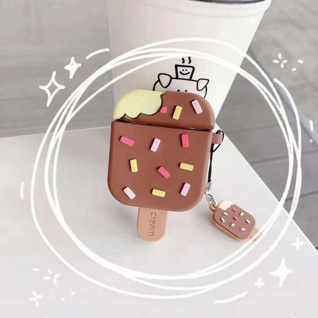 Silicone flip-type AirPods cover with cartoon camouflage pattern, shown in pink or brown for AirPods 1st and 2nd generation