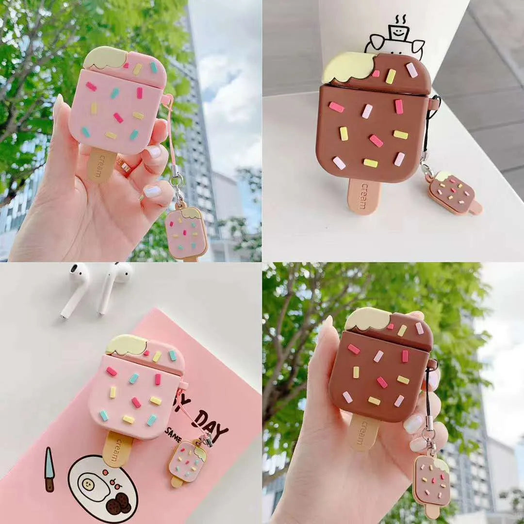Silicone flip-type AirPods cover with cartoon camouflage pattern, shown in pink or brown for AirPods 1st and 2nd generation