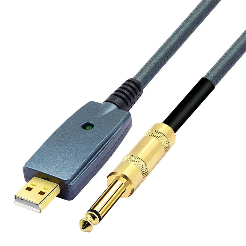 Blue USB male to 6.35mm male audio recording cable, 3 metres, for laptop to guitar connection