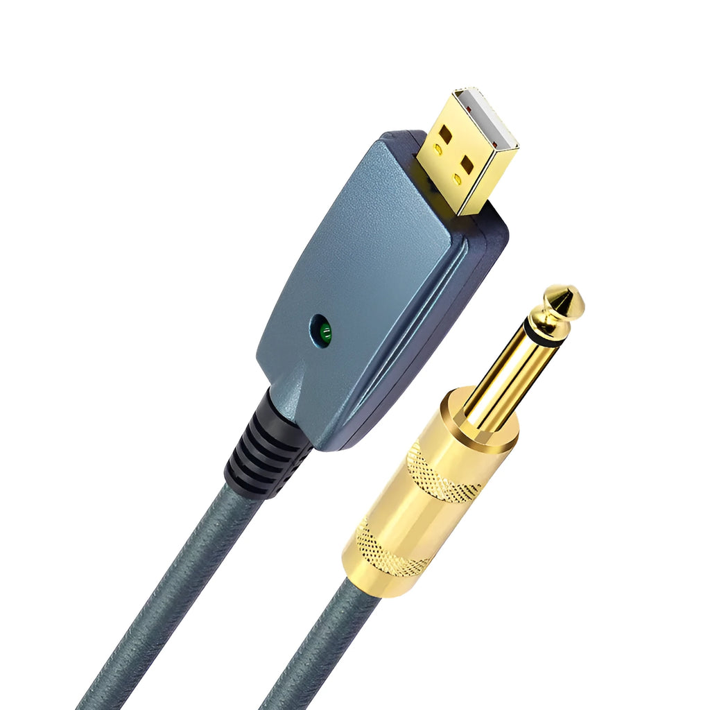 Blue USB male to 6.35mm male audio recording cable, 3 metres, for laptop to guitar connection