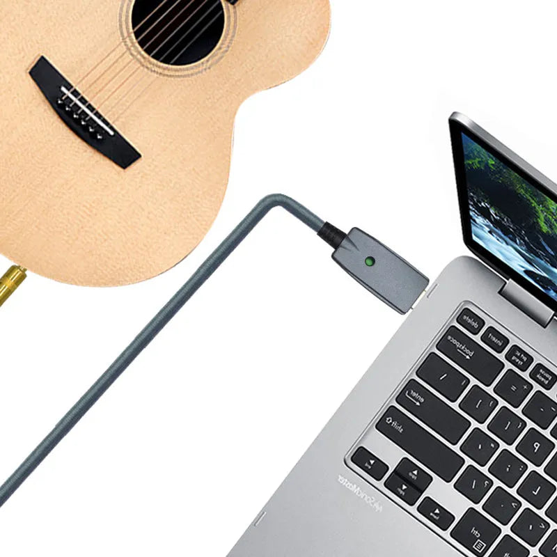 Blue USB male to 6.35mm male audio recording cable, 3 metres, for laptop to guitar connection