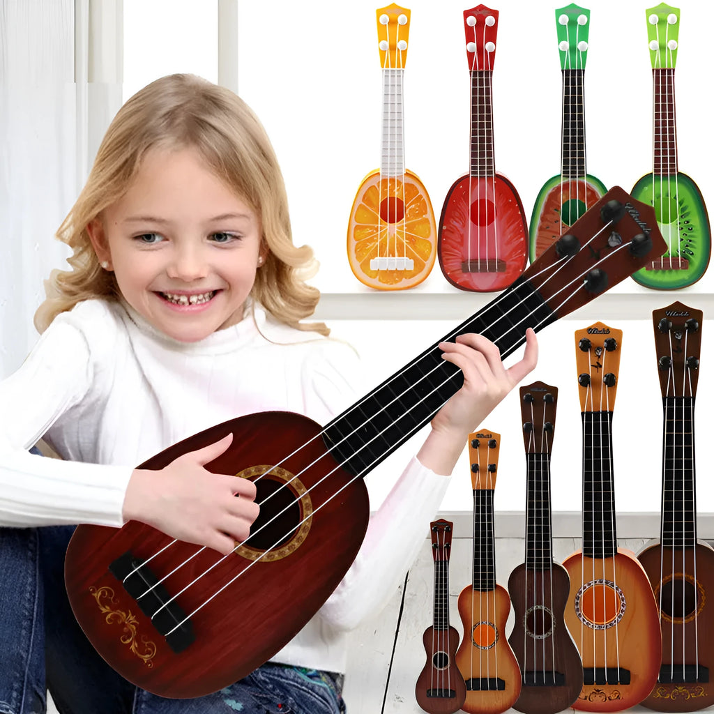 Retro-style plastic simulation ukulele toy for children, shown with colour box packaging.