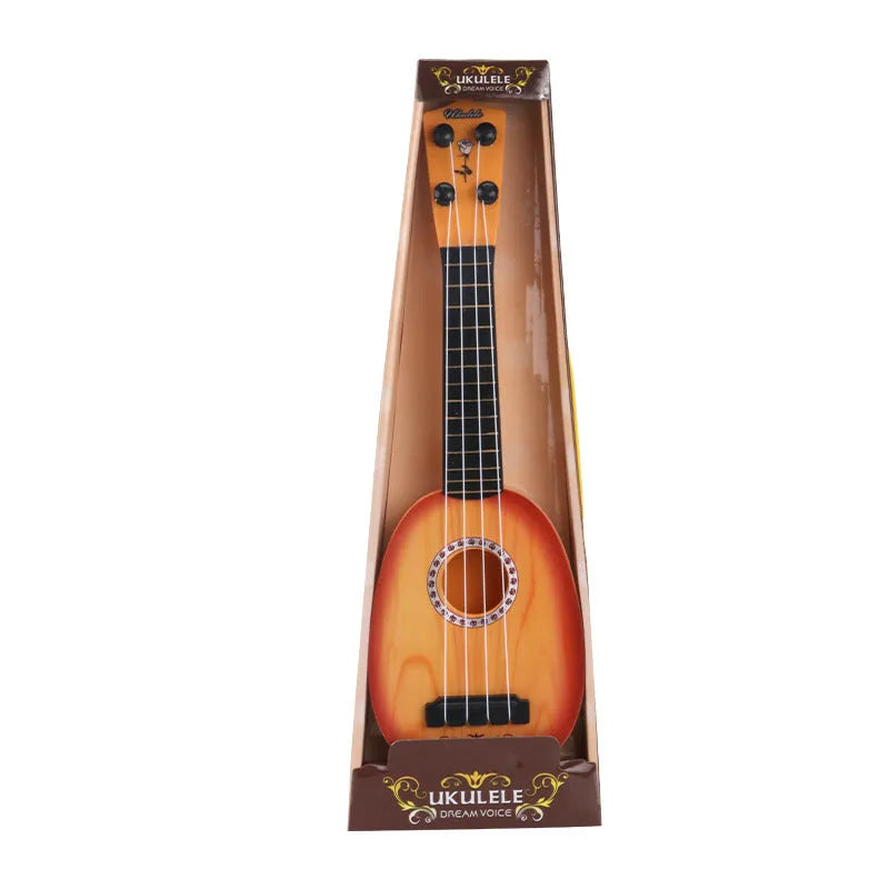Retro-style plastic simulation ukulele toy for children, shown with colour box packaging.