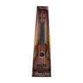 Retro-style plastic simulation ukulele toy for children, shown with colour box packaging.