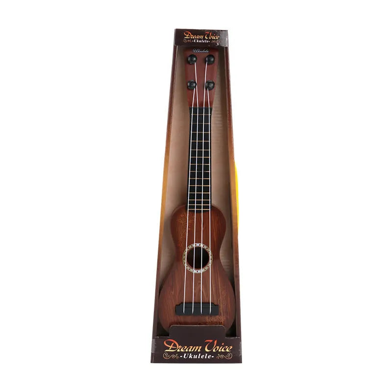 Retro-style plastic simulation ukulele toy for children, shown with colour box packaging.