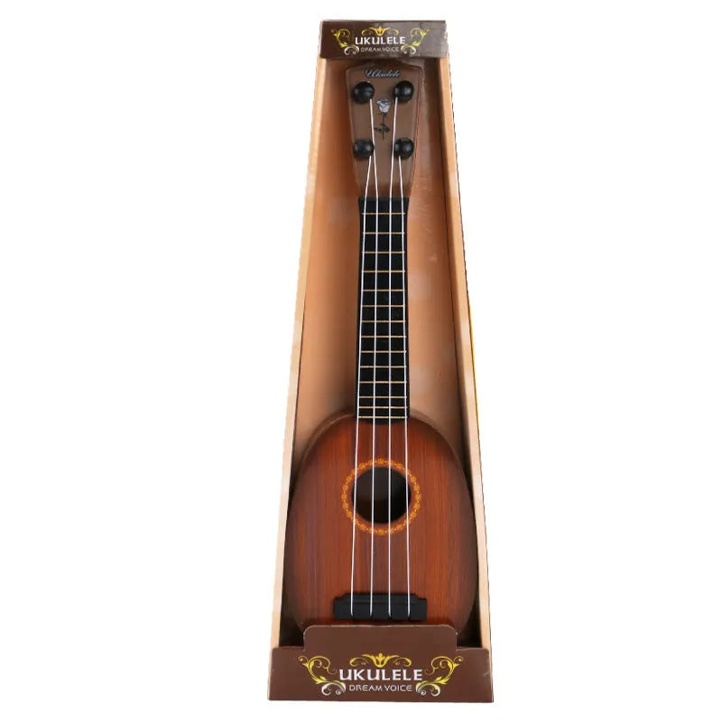Retro-style plastic simulation ukulele toy for children, shown with colour box packaging.