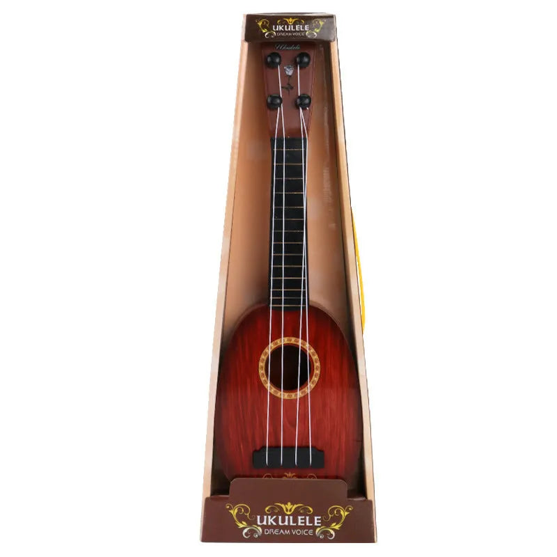 Retro-style plastic simulation ukulele toy for children, shown with colour box packaging.